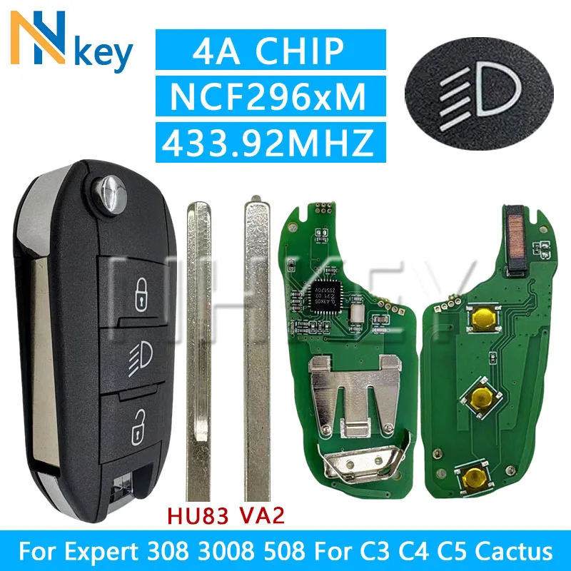 Kluczyk samochodowy z pilotem, chip 4A PCF296xM, frekwencja 433.92MHz, ostrze VA2/HU83, składany, z przyciskami świateł, do Expert 308 3008 508, C3 C4 Cactus C5
