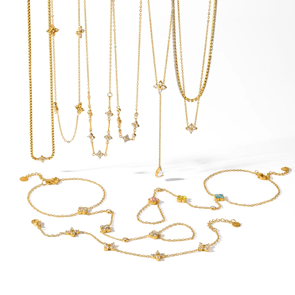 Luxury Fashion 18K Gold Plated Stainless Steel Jewelry Set with Delicate Cubic Zirconia Bracelet And Necklace Combo for Party