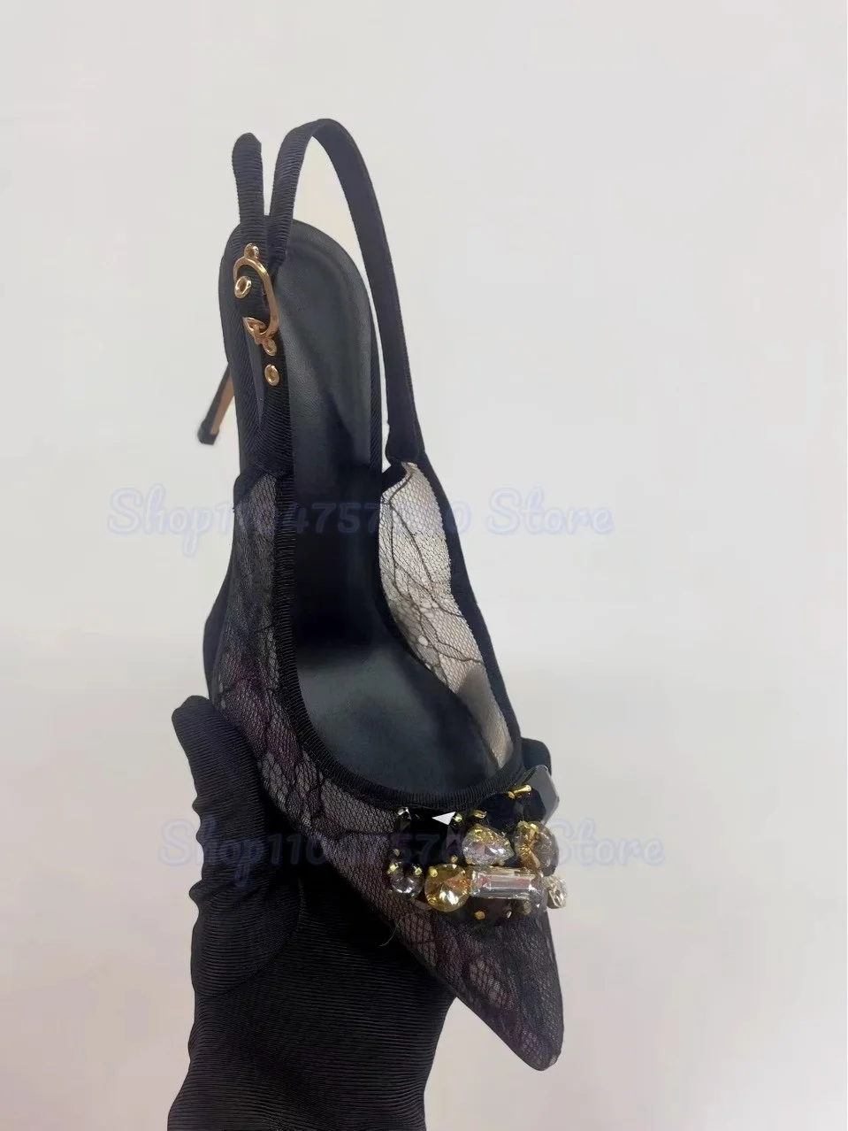 

Black Pointed Stiletto Sandals Summer Thin Heels Sexy Gemstone Closed Toe Hollow Back Black Lace Rhinestone Back Strap Shoes