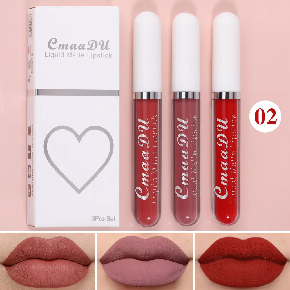 CmaaDU 3 Color Red Sexy Matte Liquid Lipstick Lip Gloss Set Makeup Moisturizing Anti-Cracking Non-stick Cup Lip Stick Lipgloss