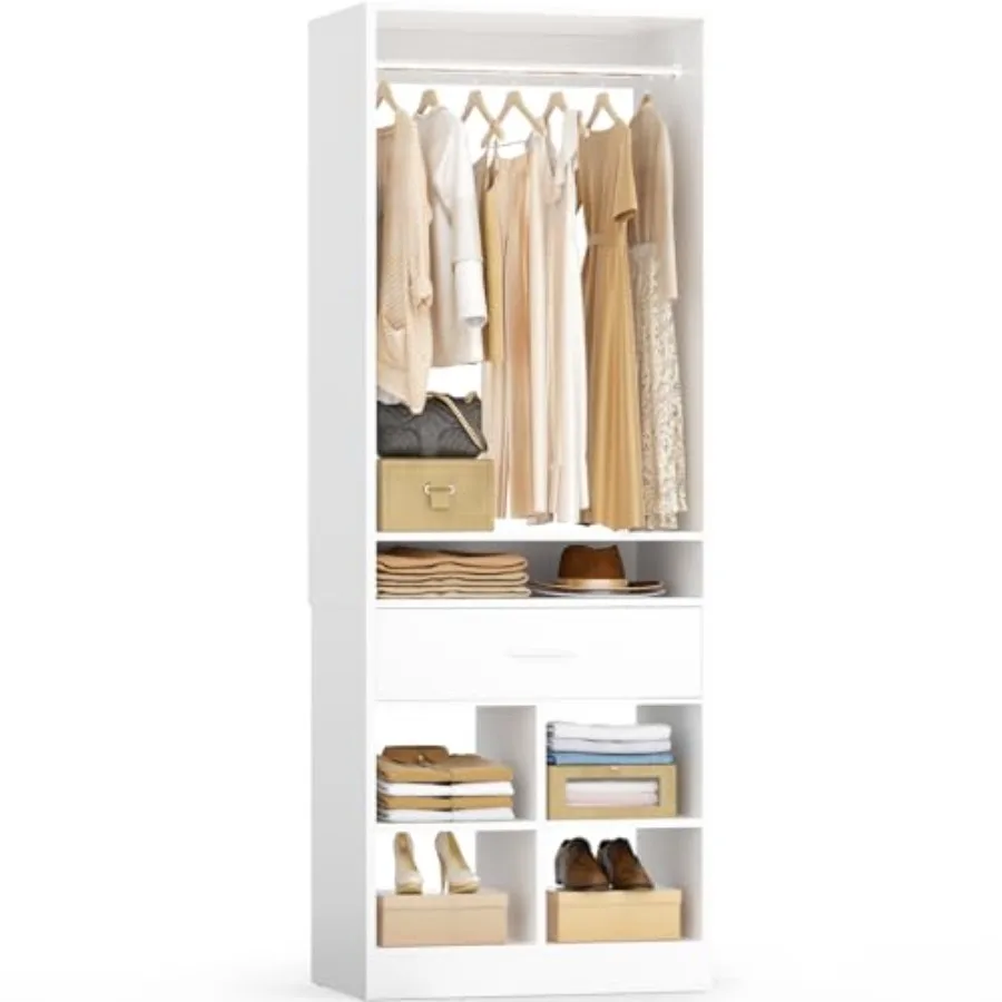 Unikito Freestanding Closet Organizer with Hanging Rod and Shelves 25 Inch Wide Wardrobe Tower with 4 Storage Cubby and Wood Dr