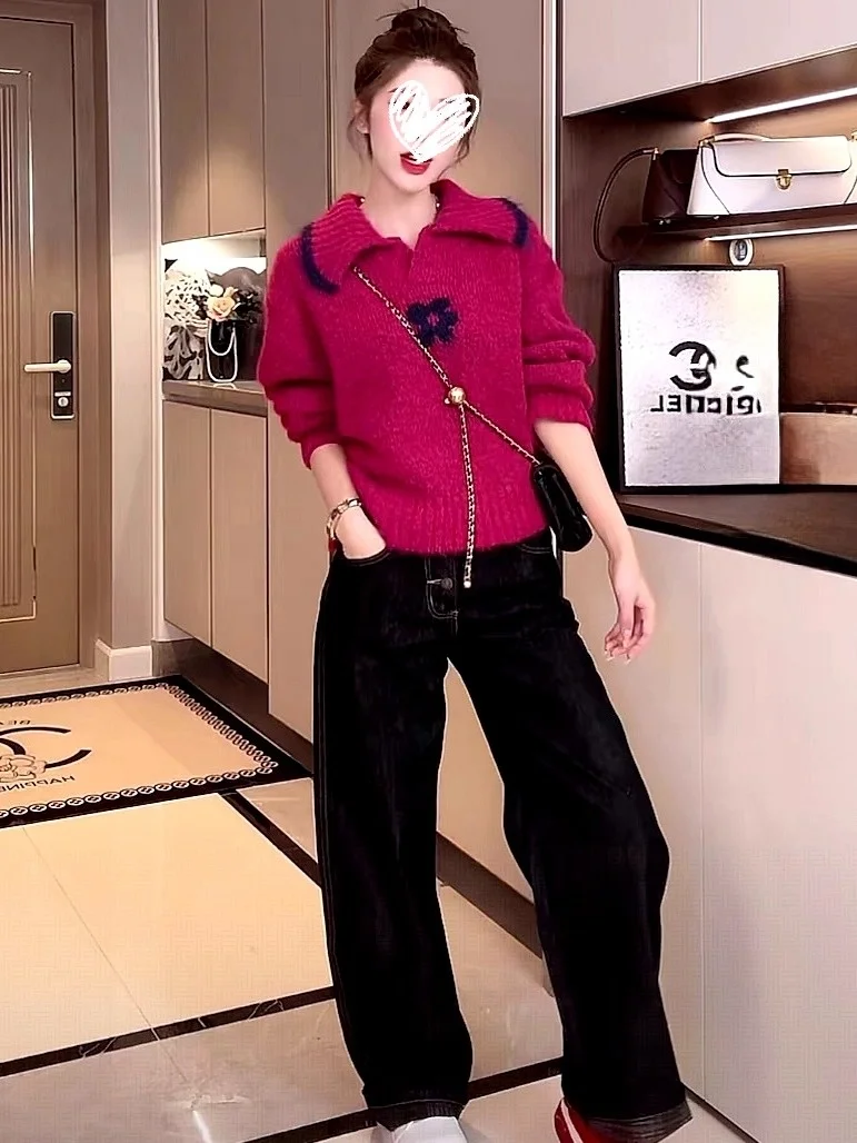 Słodki sweter damski z dzianiny na jesień i zimę, nowy, w modnych kolorach, z kwiatowym wzorem, casualowy, wygodny, ciepły, długi sweter.