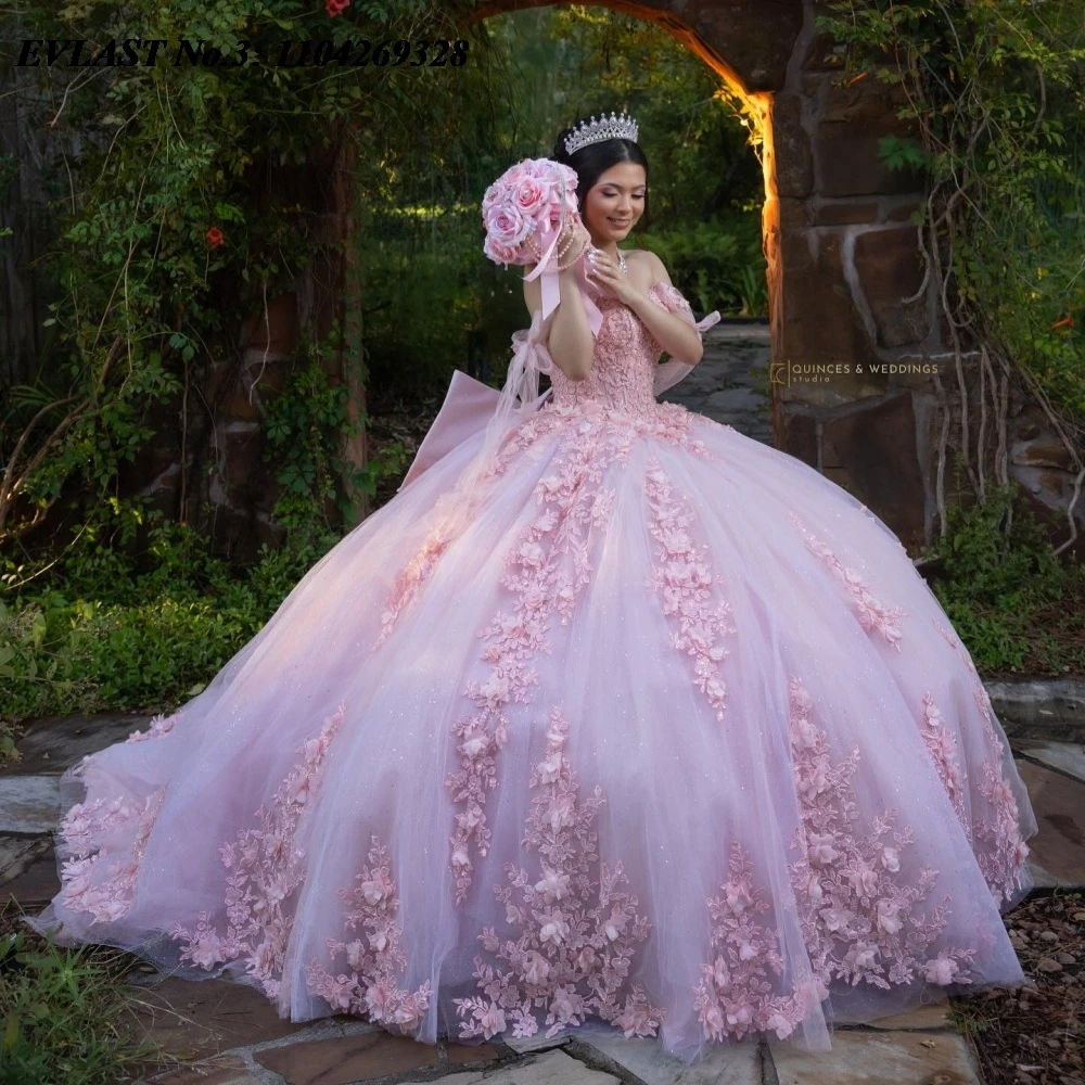 

EVLAST блестящее розовое платье Quinceanera по индивидуальному заказу, бальное платье с 3D цветочной аппликацией и бантом из бисера, милое платье 16, Vestidos De 15 Anos E3Q737