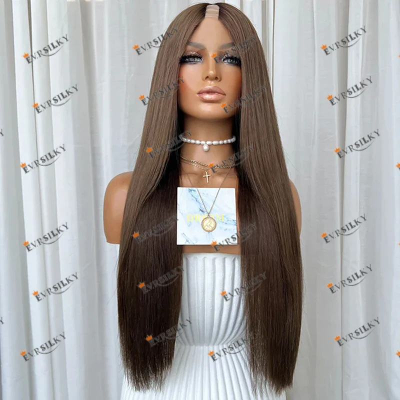 

100% Human Hair Cool Brown Blonde Silky Straight Women Wigs Full Machine Made Opening 1x4 Size U/V Part Wigs Adjustable Straps