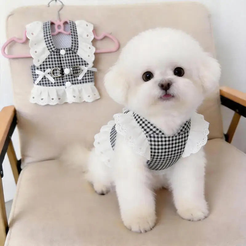 Dog Harness Dress for Small Dogs Lace Plaid Puppy Harness Vest Adjustable Walking Outfit Cute Pet For Breed Chihuahua Clothe - view 2