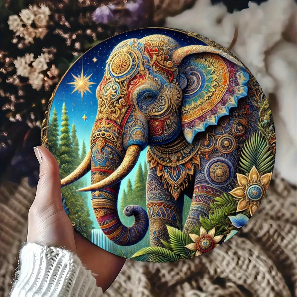 2D 1pc, Vintage Indian Elephant Design, Flat Printed Metal Sign, Circular Iron Hanging Picture, 8X8 Inch Wall Decoration, Bar, C