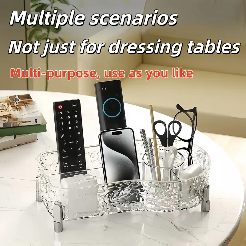 Water Ripple Wave Makeup Organizer with Imitation Metal Legs, Clear/Gray Multi Compartment Cosmetic Storage Tray for Home Desk