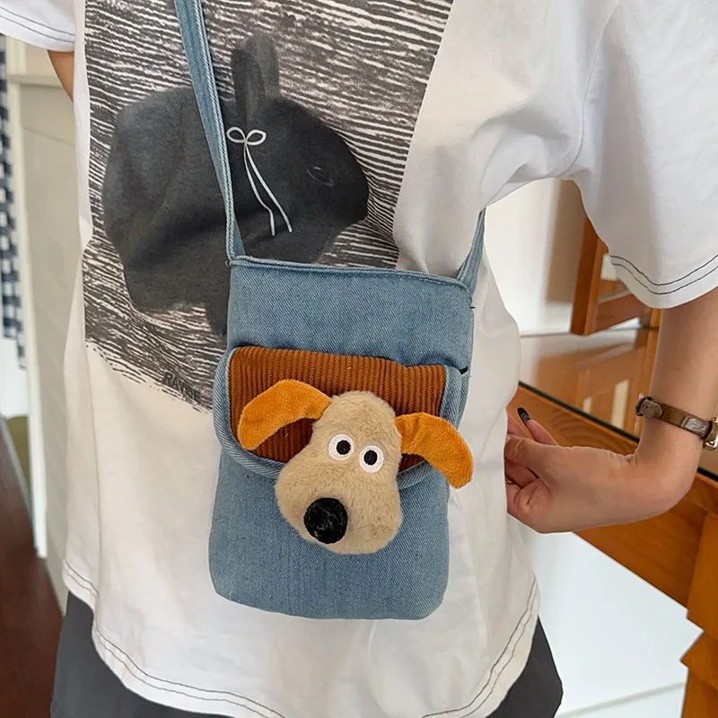 Women's Cute Denim Mini Crossbody Bag with Plush Dog Head Charm Casual Small Phone Pouch with Corduroy Trim Daily Outings