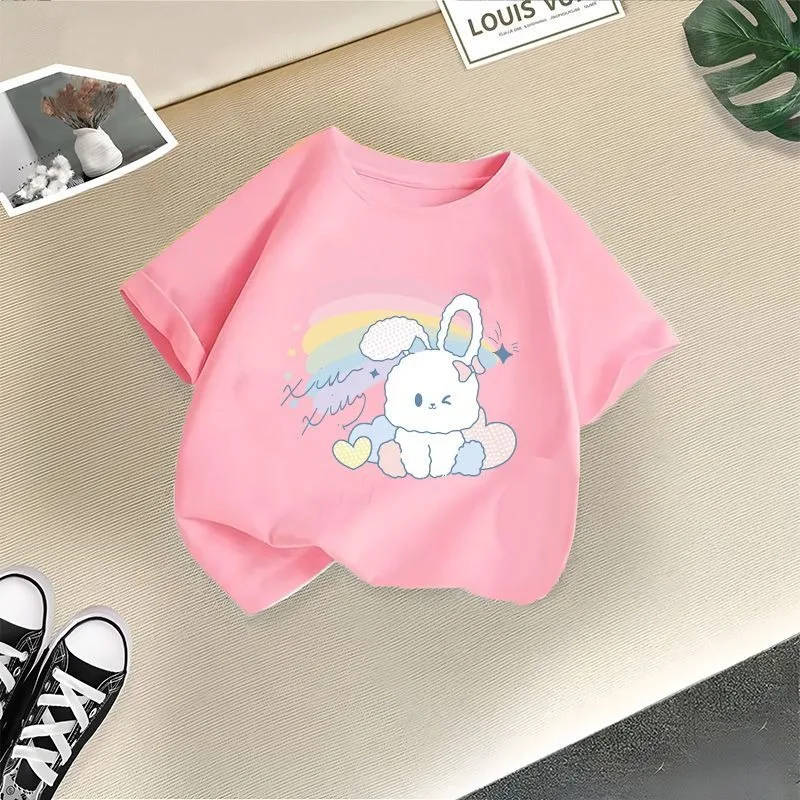 

Summer New Rainbow Rabbit Cartoon Graphic Tees Skin-friendly Breathable Loose Versatile Crew Neck Short Sleeve Tops for Girls