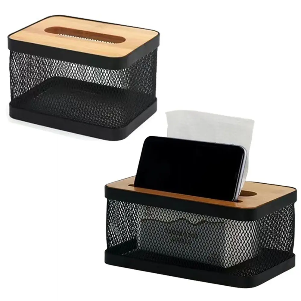 

with Bamboo Cover Multifunctional Tissue Holder Rust-proof with Phone Slot Desktop Tissue Case Hollow Out Heighten Bottom