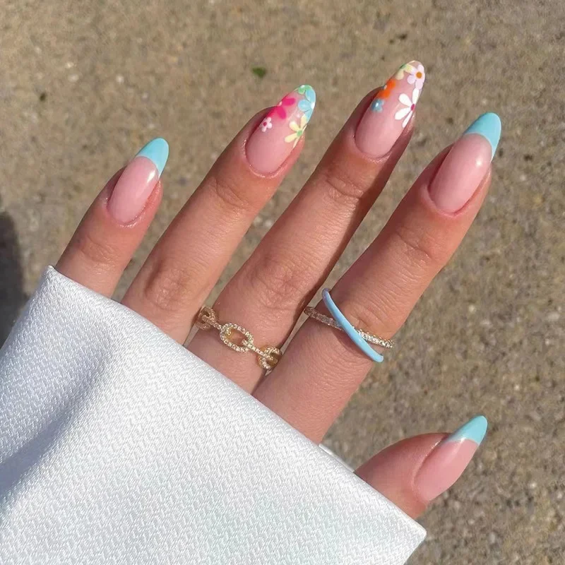Roze Paarse Bloemen Witte Strik Franse Nail Art Zomermode Amandel Valse Nagel Afneembare Afgewerkte Nepnagels Druk op nagels