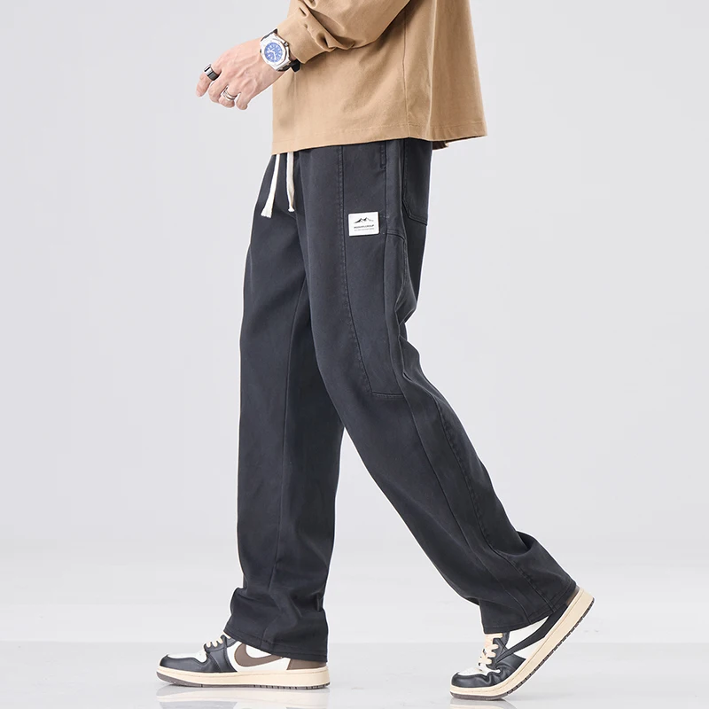 Autumn New Men's Baggy Casual Pants Wide Straight Korean Fashion Drawstring Sweatpants Coffee Black Gray Male Trousers