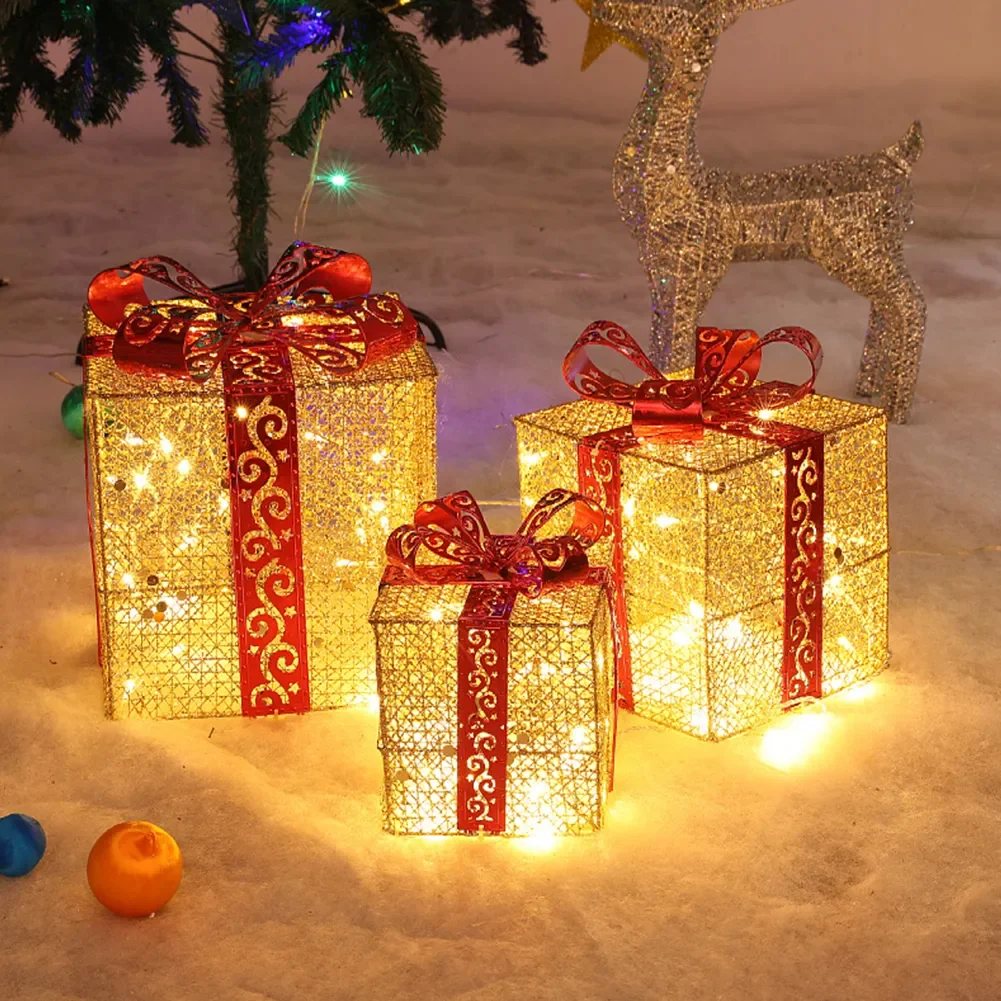 Christmas Lighted Gift Boxes 25/20/15CM Set of 3 Foldable Lighted Metal Boxes for Outdoor Indoor Christmas Tree/Yard/Home Decor