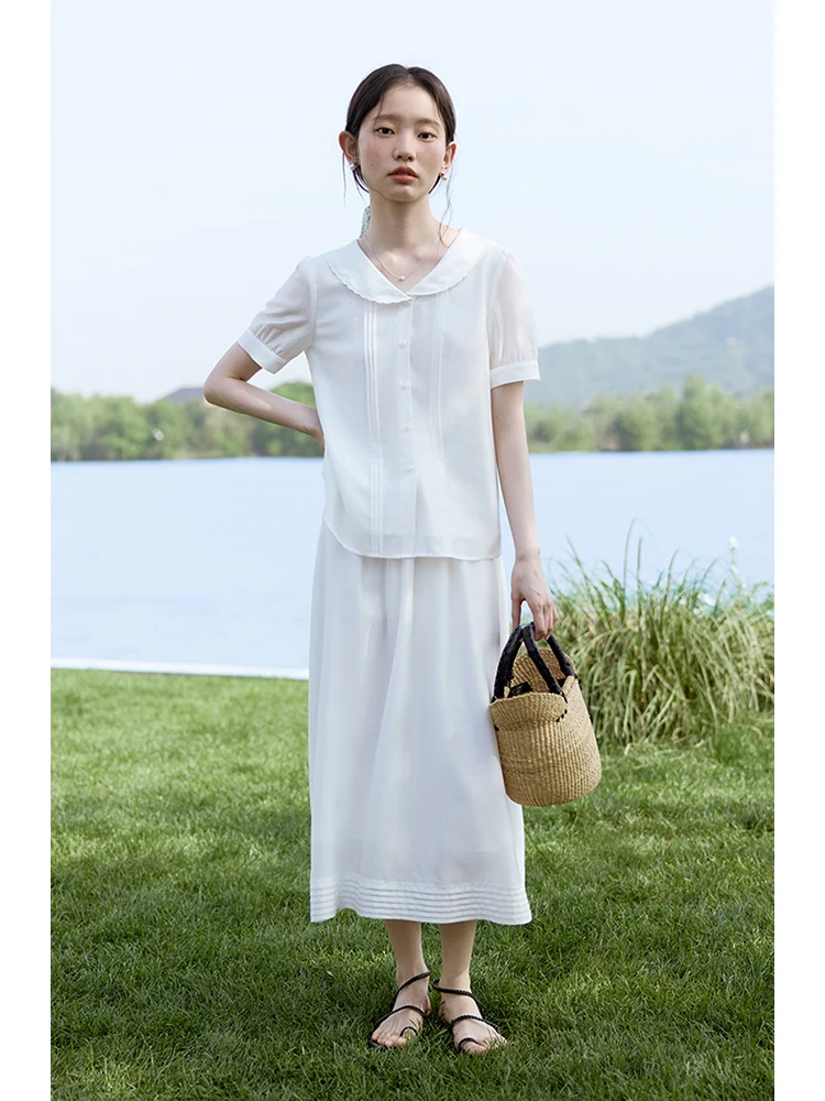 ZIQIAO Classic French Style White Shirt Long Skirt Women Suit 2024 Summer All-match Casual Two-pieces Suit 24ZQ92295 24ZQ92419