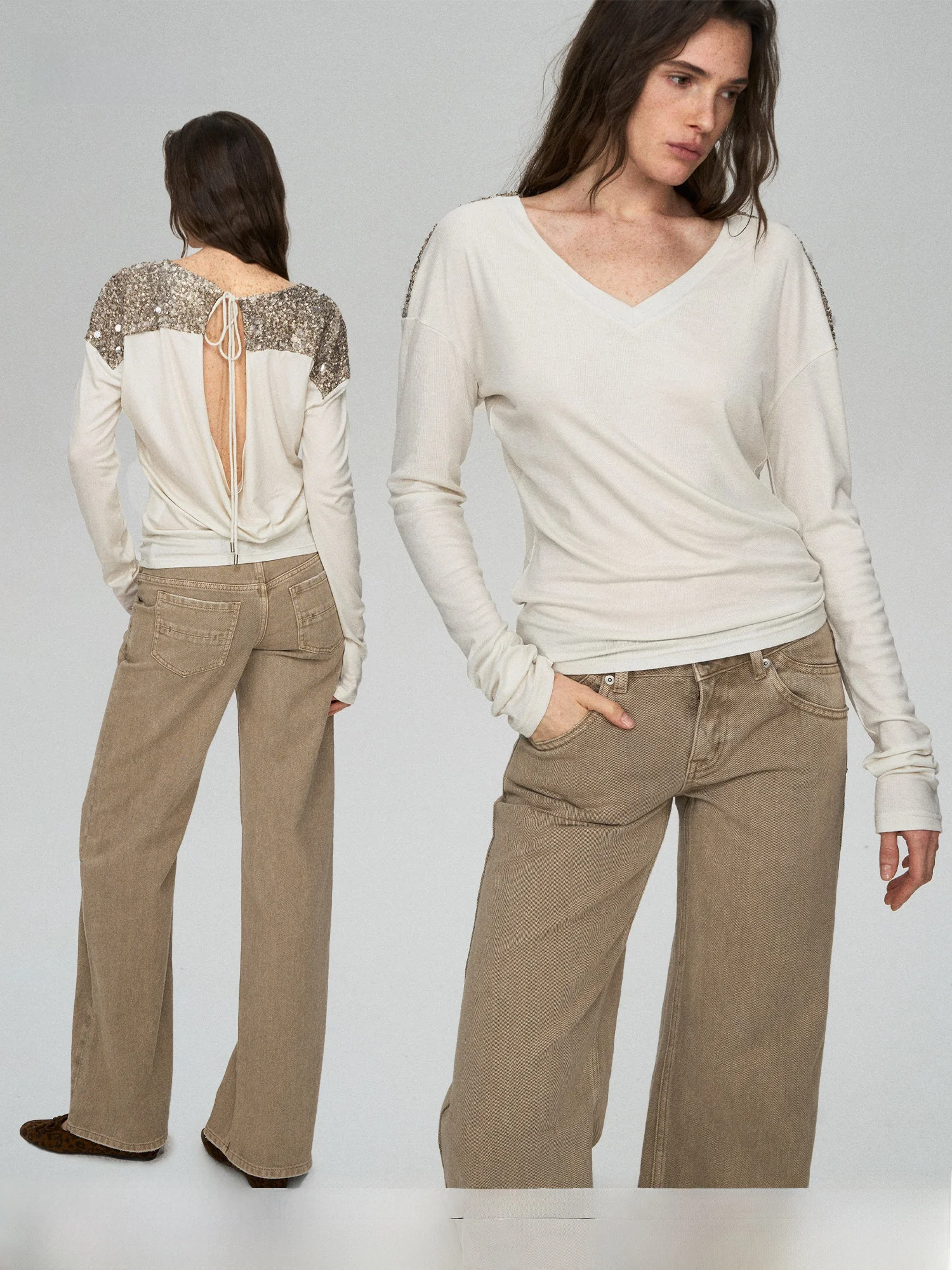 

Soft Comfortable Long Sve T-irt RPPR Lace Acid Soft Lazy Feel Top Ba Hollow out Sequin Splice Design Ladies Faion