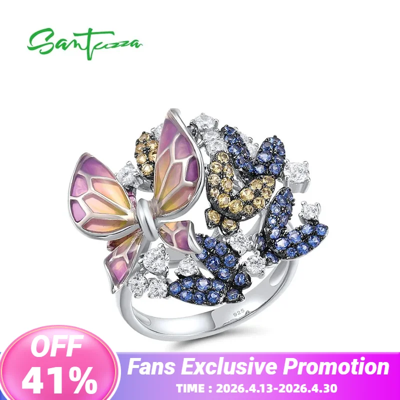 

SANTUZZA 925 Sterling Silver Rings For Women Blue Yellow White CZ Pink Enamel Butterfly Ring Delicate Fine Jewelry Handmade