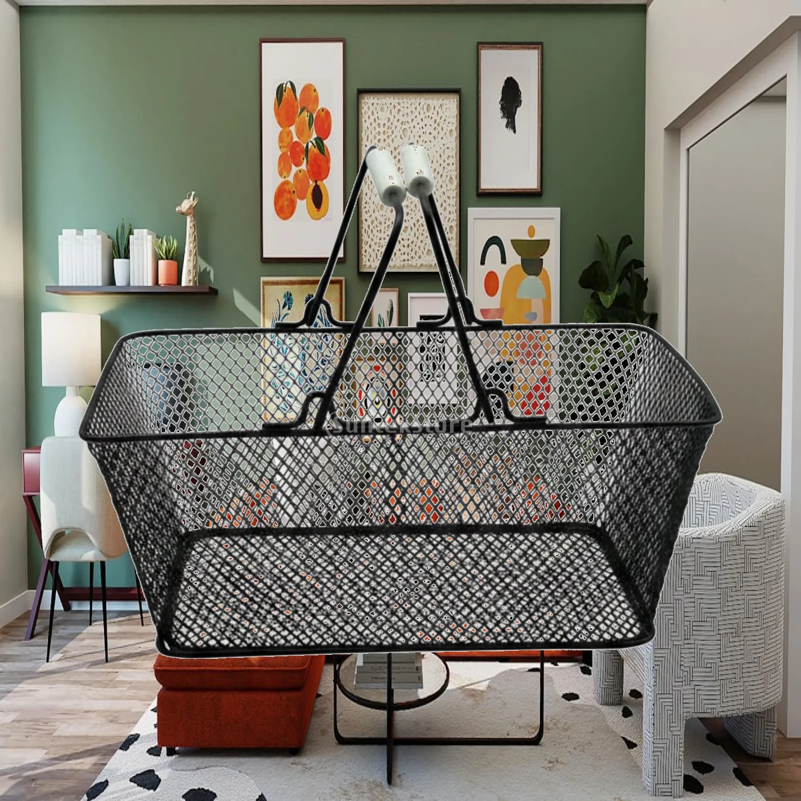 Wire Shopping Basket with Handle Portable Wire Mesh Shopping Basket Rectangular Space Saving for Supermarkets