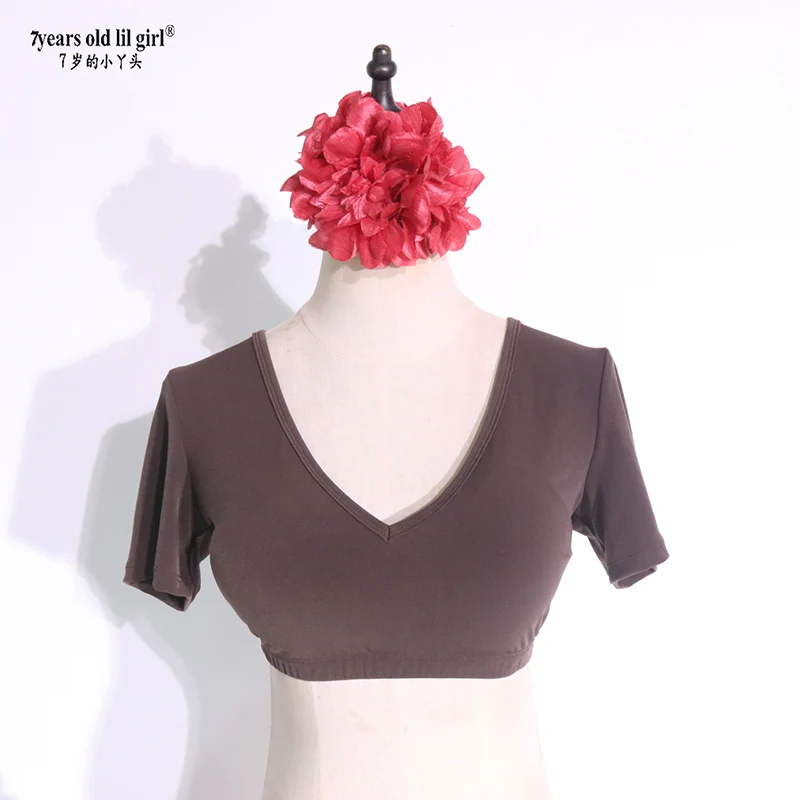 Top di danza del ventre in cotone elasticizzato con scollo a V sul davanti e sul retro, ampio girocollo, manica centrale AY05