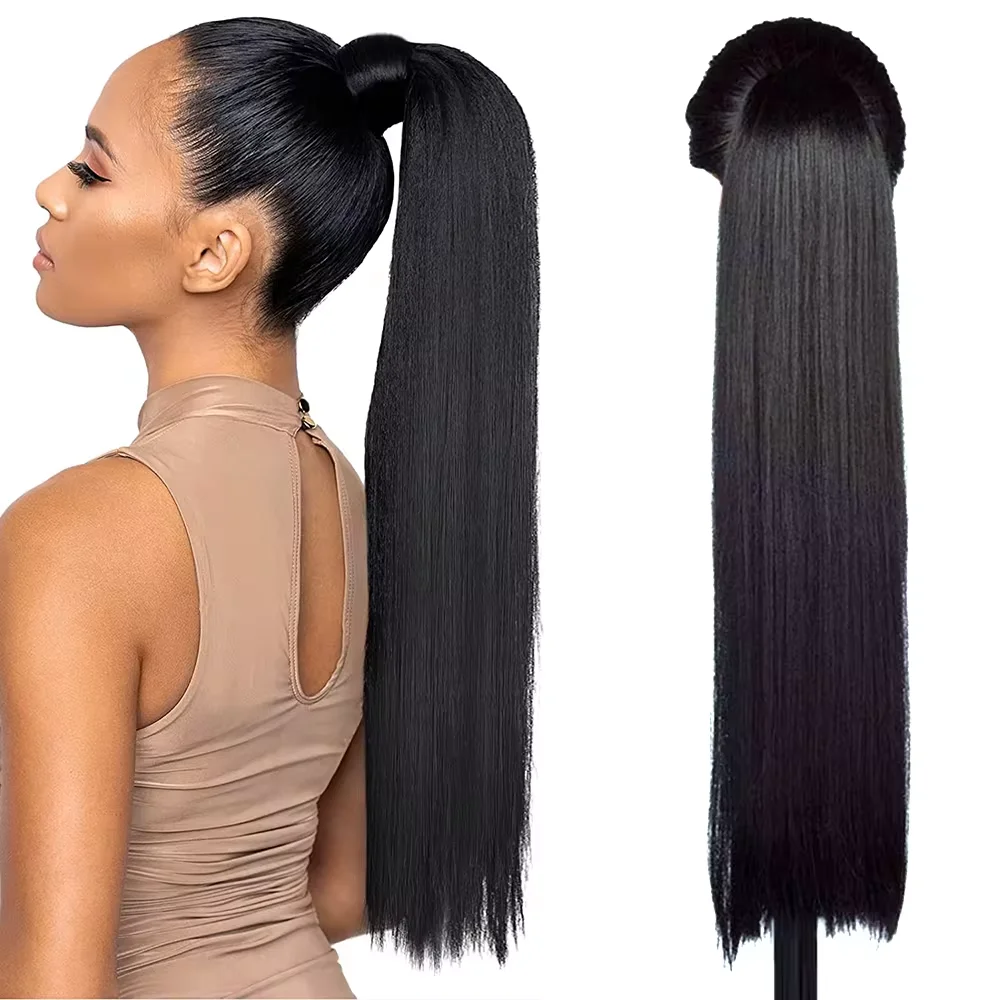 Rabo de cavalo reto sintético para mulheres, envolva extensões de cabelo, postiços de rabo de pônei, fibra resistente ao calor, natural