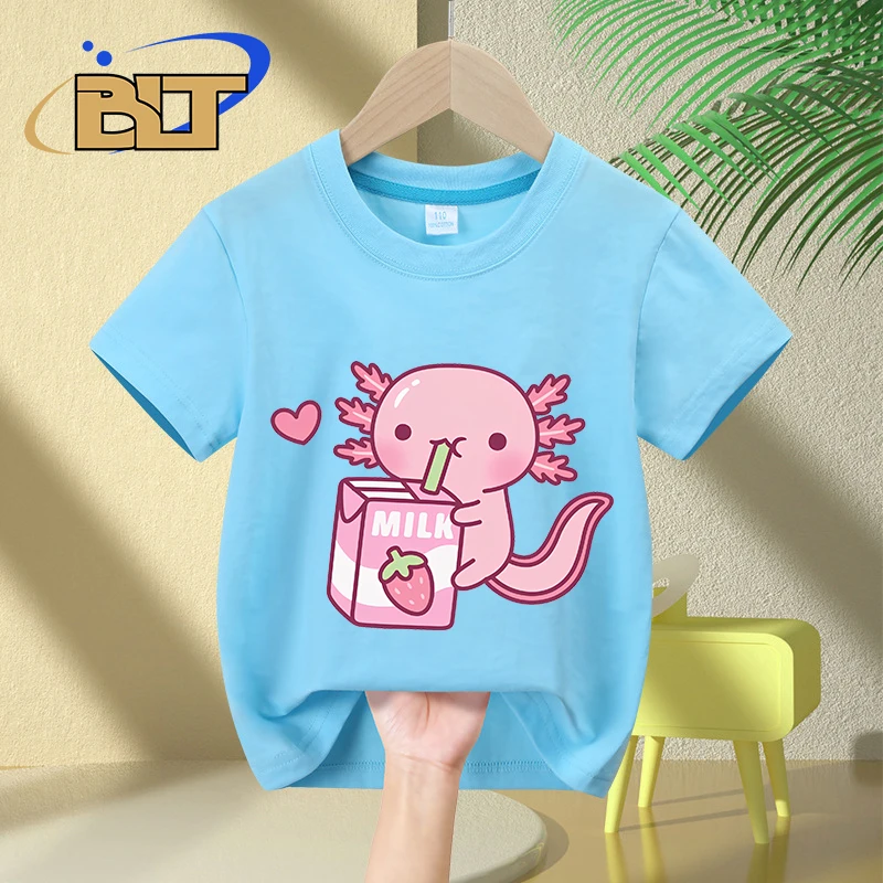 Cute Axolotl Loves Strawberry Milk Doodle printed kids T-shirt summer pure cotton short-sleeved casual tops for boys and girls