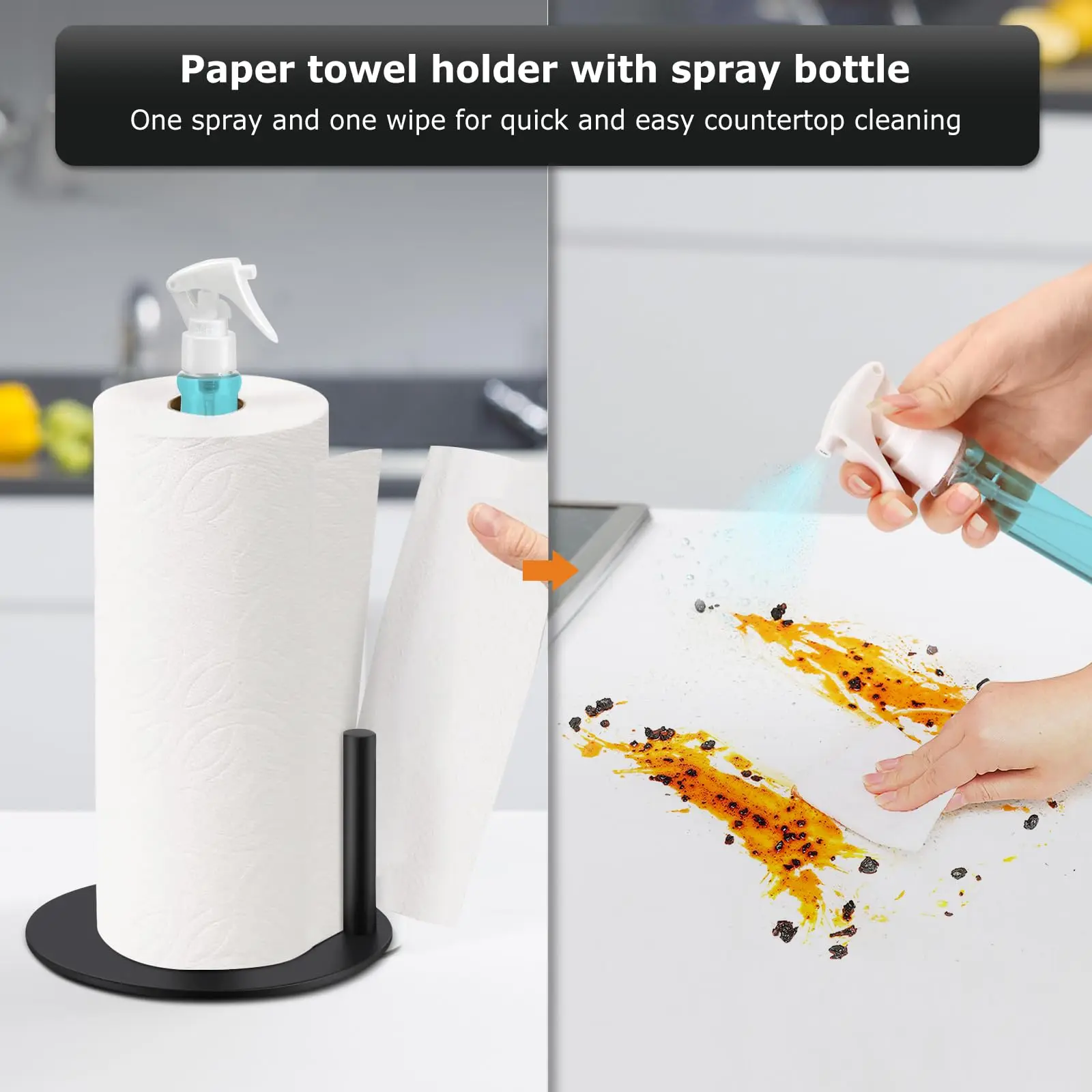 Paper Towel Holder with Spray Bottle, Stainless Steel Countertop Paper Towel Holder, Tissue Roll Rack for Kitchen Bathroom.