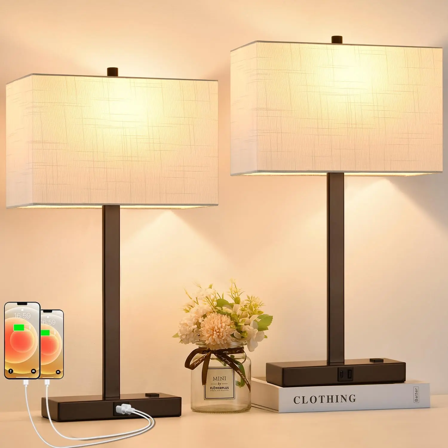 

21" Touch Bedside Lamps with 2 USB & AC Outlets, Dimmable Set of 2 for Bedroom Office, White Shade, LED Bulbs Included