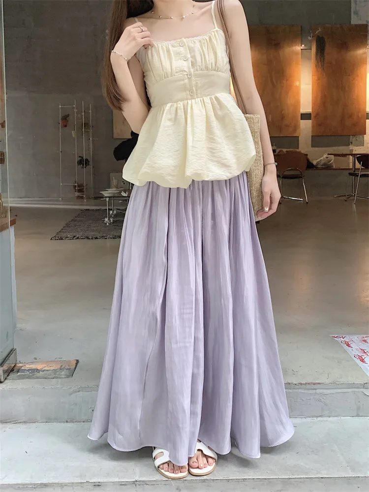 

2025 Summer Vacation Spice Girl 2 Pieces Dress Sets Fashion Women Holiday Two Pieces Bud Camis Vest Top&A Line Long Skirt Suits