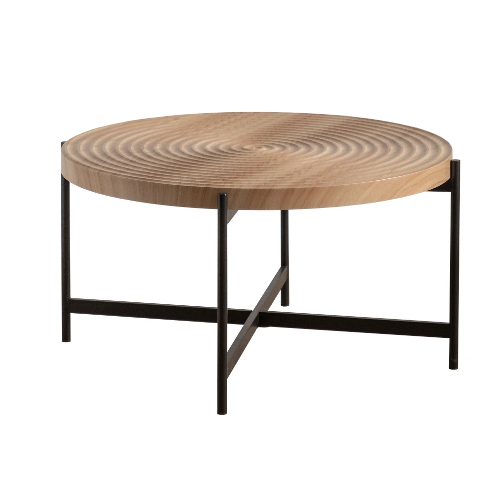 33"Modern Thread Design Round Coffee Table ,  MDF  Table Top with Cross Legs Metal Base Coffee Table  Living Room Furniture