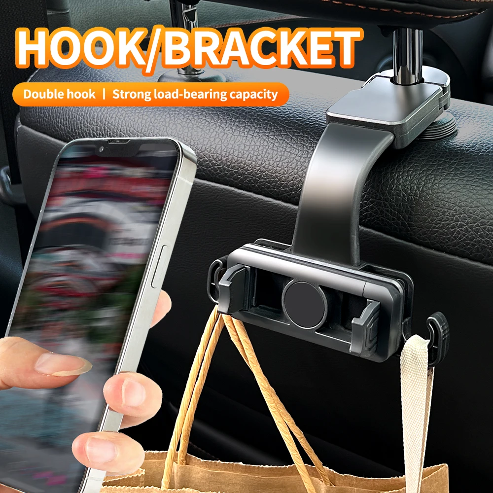 Car Rear Seat Phone Holder with 360° Rotating & Extendable Arm - Heavy-Duty ABS Construction, Double Hook Mount, Compatible with