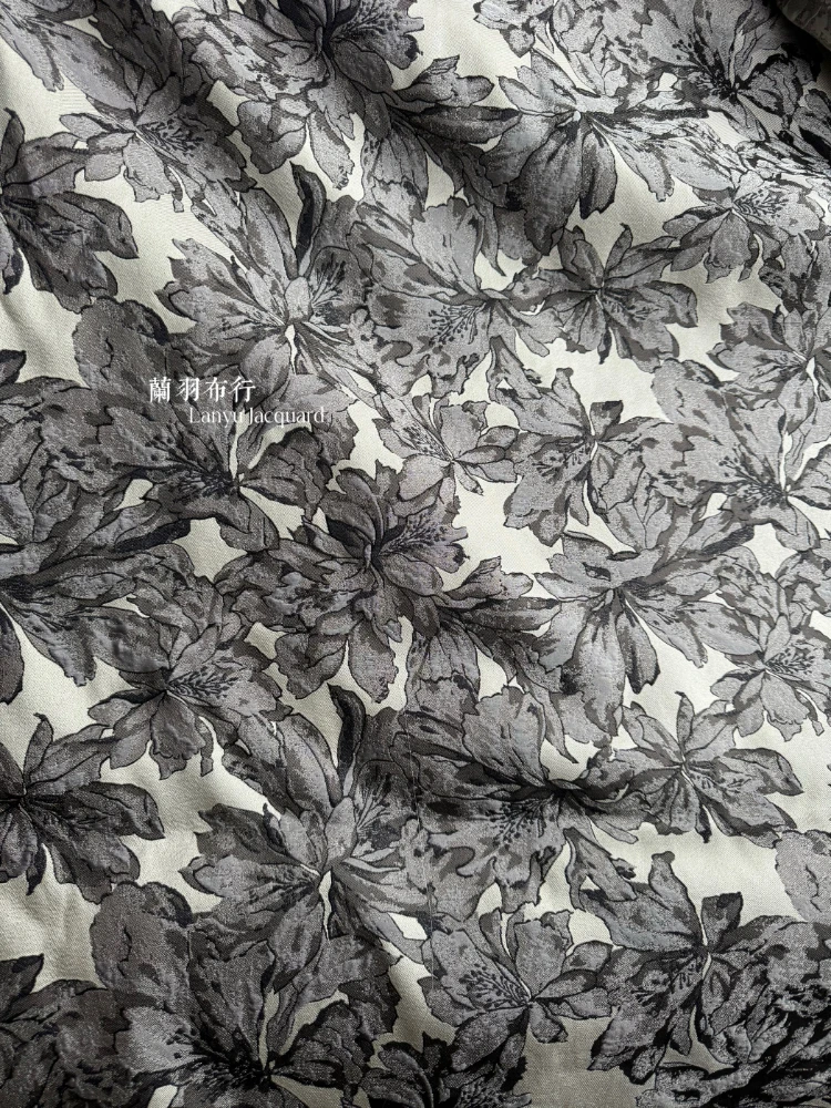 Jacquard Fabric for Per Meter Jacket Clothing Designer Grey White Black Flowers Sewing Cloth for Diy Polyester Material