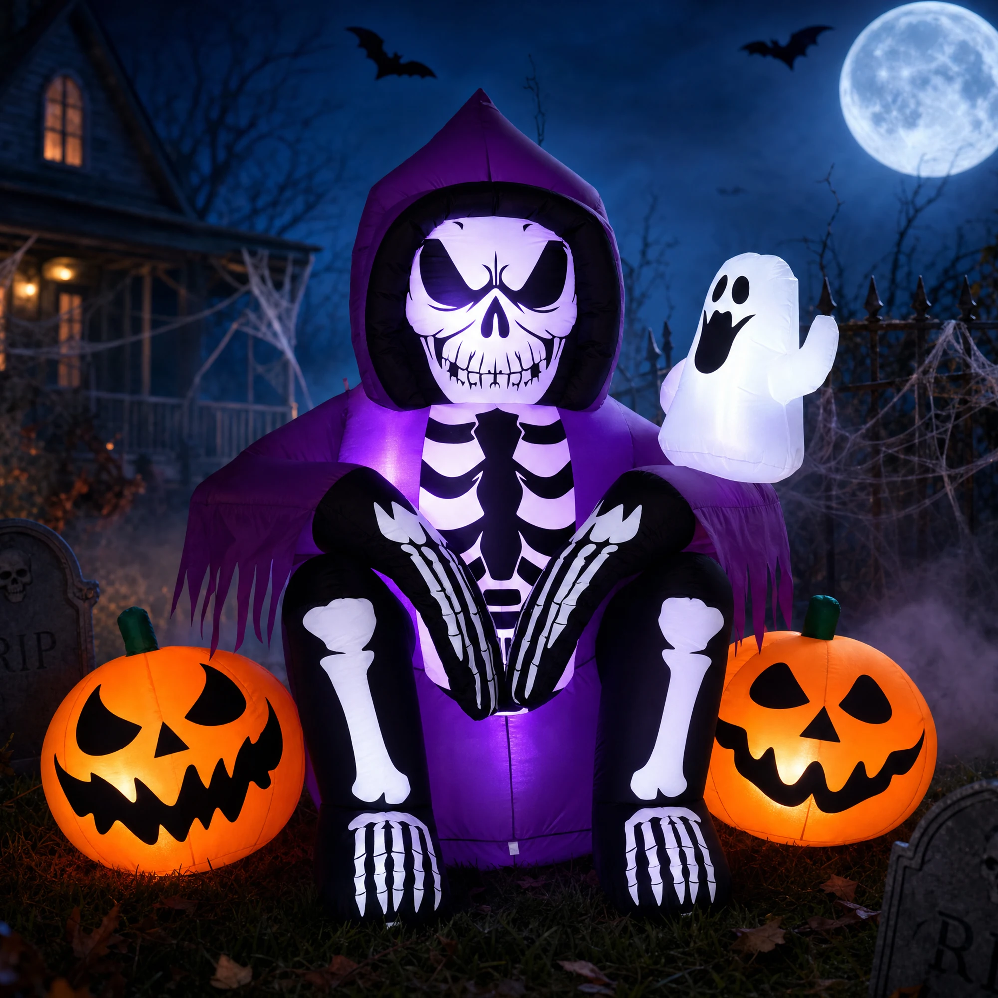 Halloween Inflatable Pumpkin Skeleton Yard Decor - 6.5ft Outdoor Blow Up Lawn Decoration, Built-In Air Blower, Warm LED Lights, Easy Setup for Garden & Yard