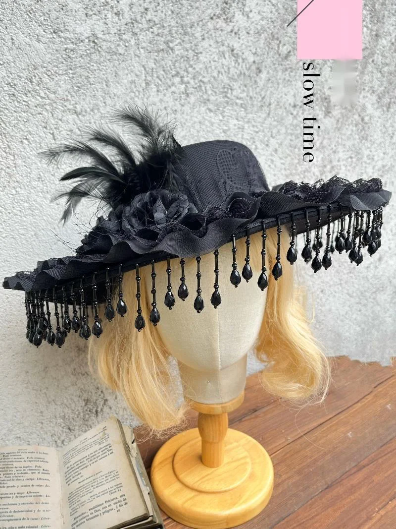 Lolita Handmade Gothic Dark Widow Hat Black Pearl Tassel Lace Black Rose Feather Photography Prop Head Umbrella