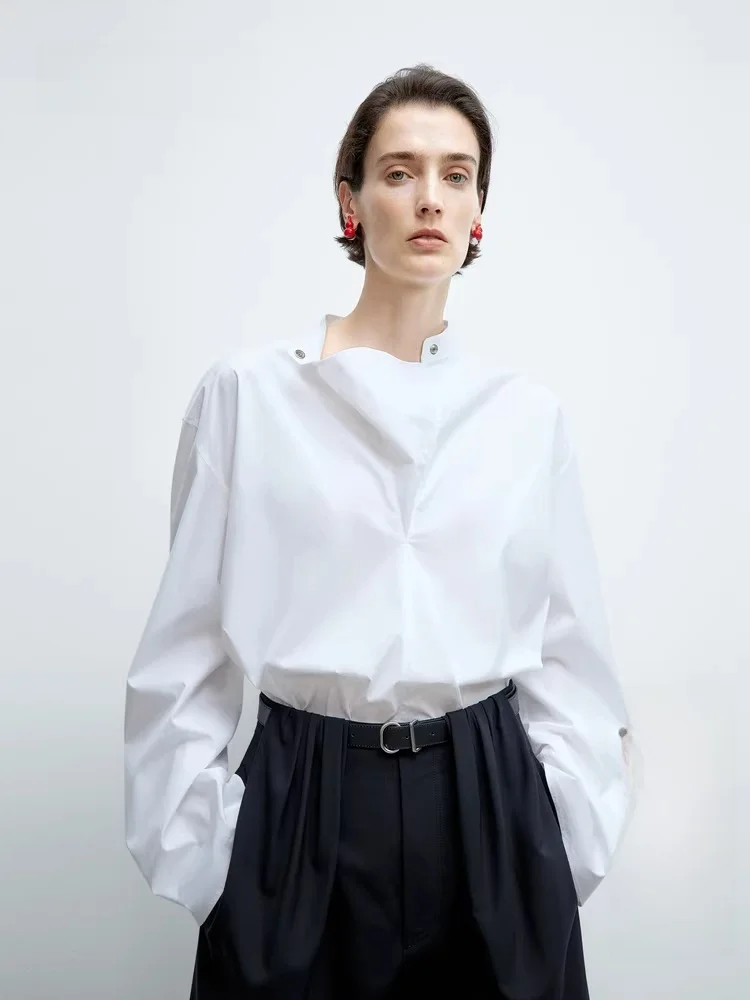 

Женская рубашка Edition, весна 2025: Деконструированный воротник-стойка, белая, из смесового хлопка, с длинным рукавом, прямого кроя, топ