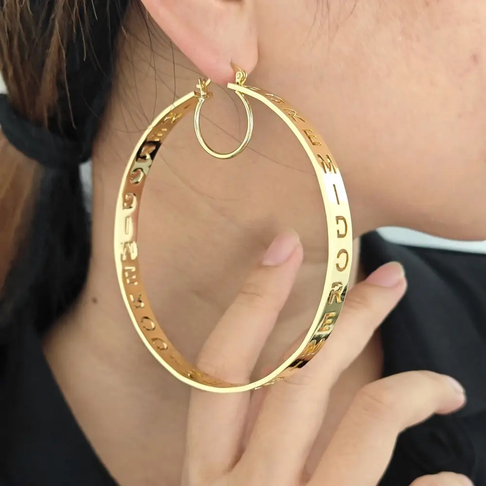 2023 Personalized 30-90mm Hallow Name Hoop Earring Custom Stainless Steel Chunky Drop  Earring For Women Jewelry Gifts