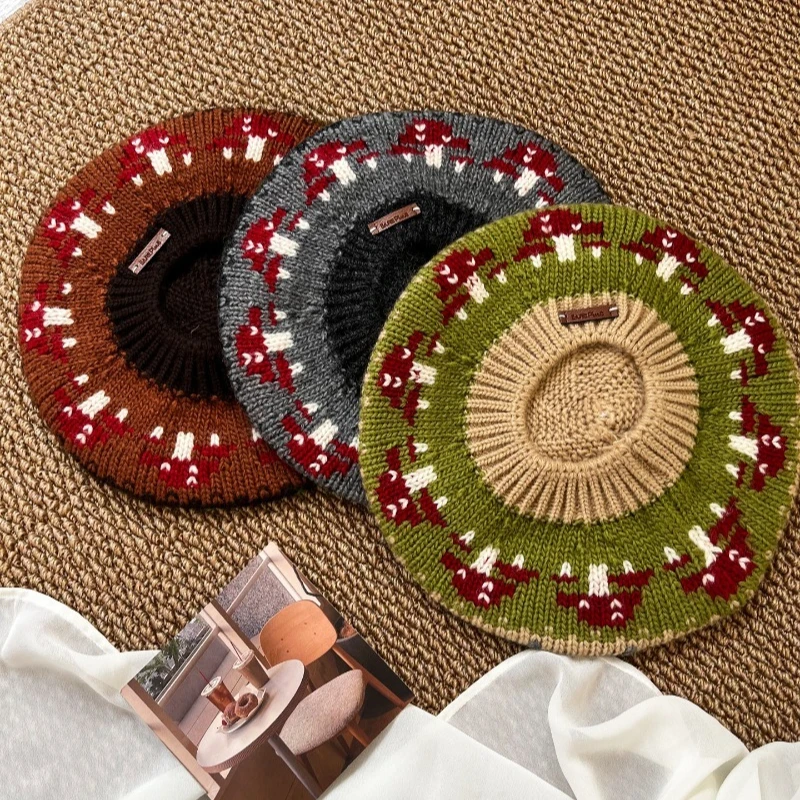 Japanischer, süßer, mit Pilzmuster gestrickter Jacquard-Baskenmütze, personalisierbar, warm und vielseitig, Kuppelmütze für Damen, ideal für Herbst und Winter – Detail 4
