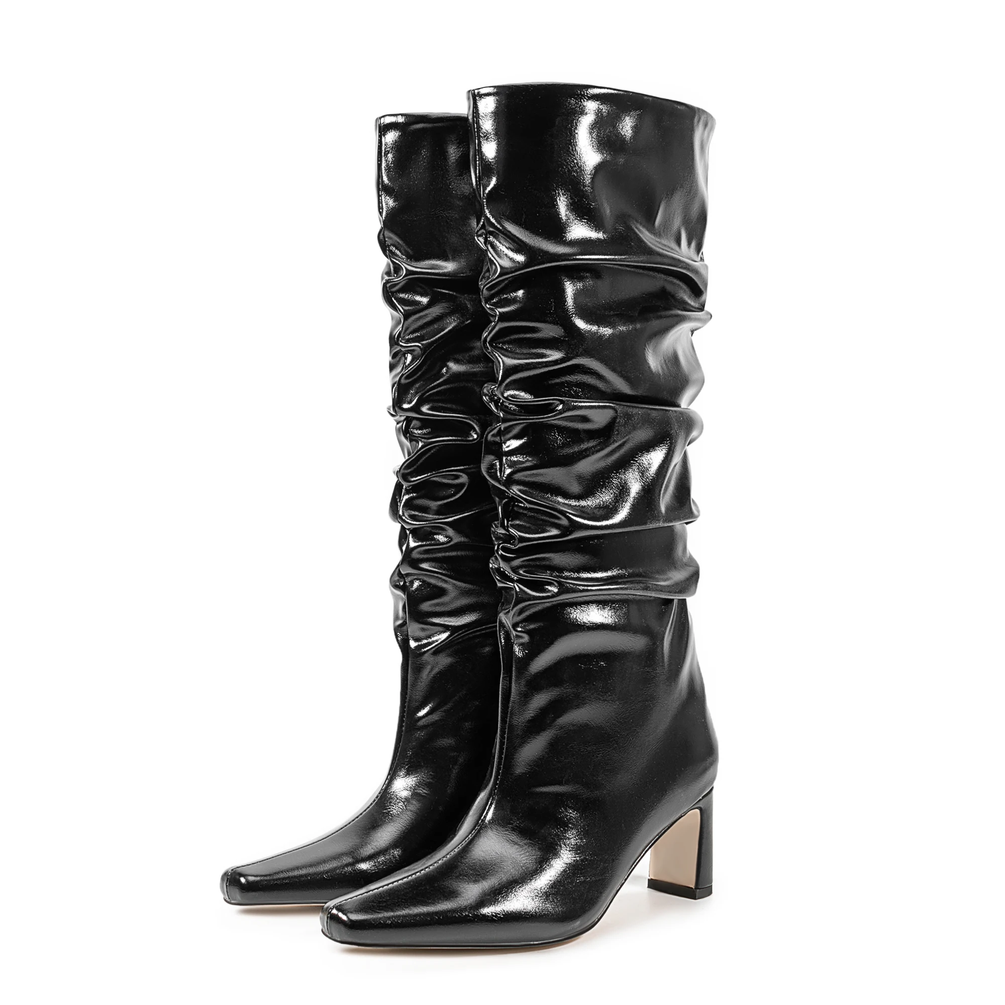 

Spring Fashion Pleated Women Boots Chunky High Heels Ladies Boots Sexy Knee High Slip On Pointed Toe Botas Shoes