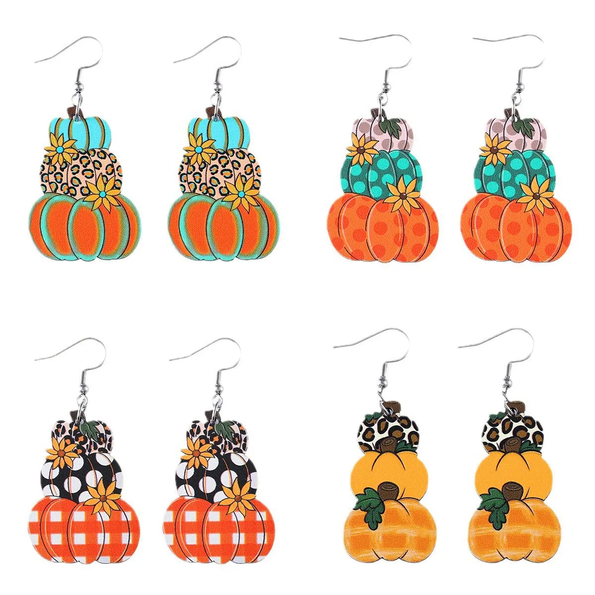 New Thanksgiving Autumn Harvest Polka Dot Plaid Pumpkin Flower Pendant Earrings for Women Creative Jewelry Gifts Accessory