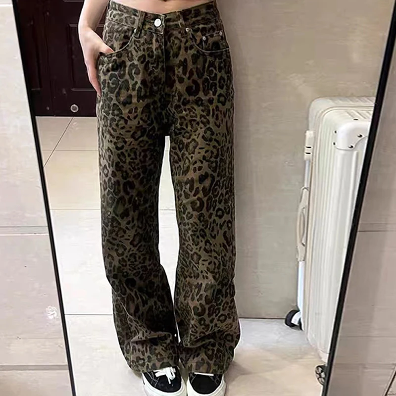 

Baggy Leopard Print Y2k Jeans Women 2024 New High Waisted Casual Wide Leg Denim Pants Fashion Streetwear Retro Straight Jeans