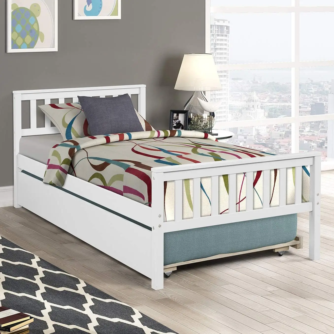 Twin Bed With Pullout Trundle Bed For Kids, Solid Wood Platform Bed Frame With Headboard, Footboard For Teens Boys Girls,No Box