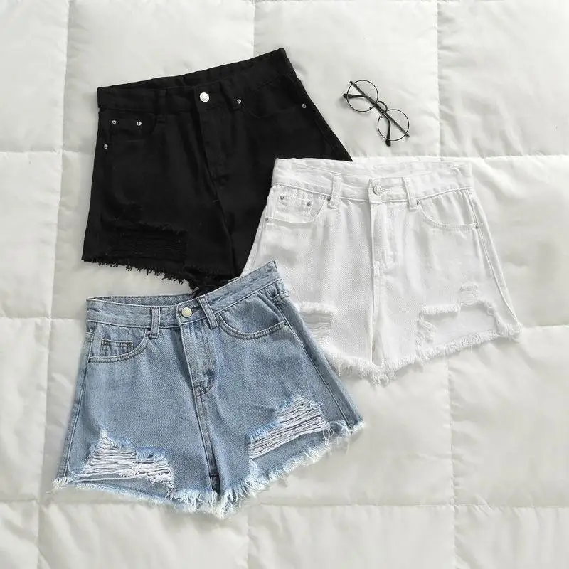 High Waist Denim Shorts Women's Summer 2020 Korean Style Student Loose Hole Versatile Slim A-Line Pants Trendy Ins
