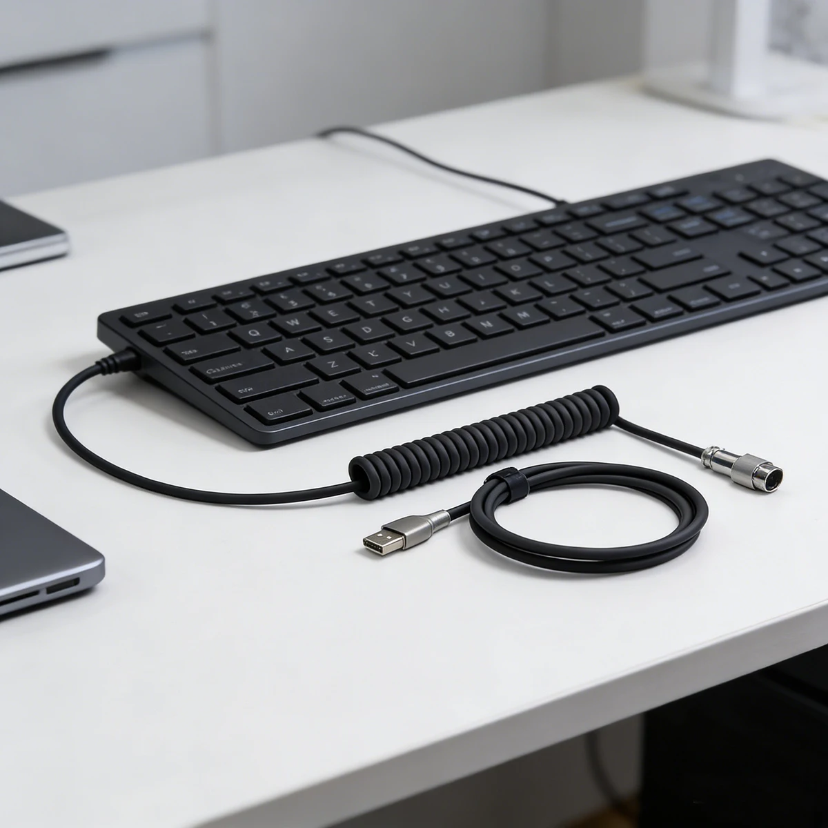 Coiled Aviator USB C Soft Shell Cable, Detachable Aviation Cord for Mechanical Keyboard Gaming PC, Flexible Durable Wire 3M