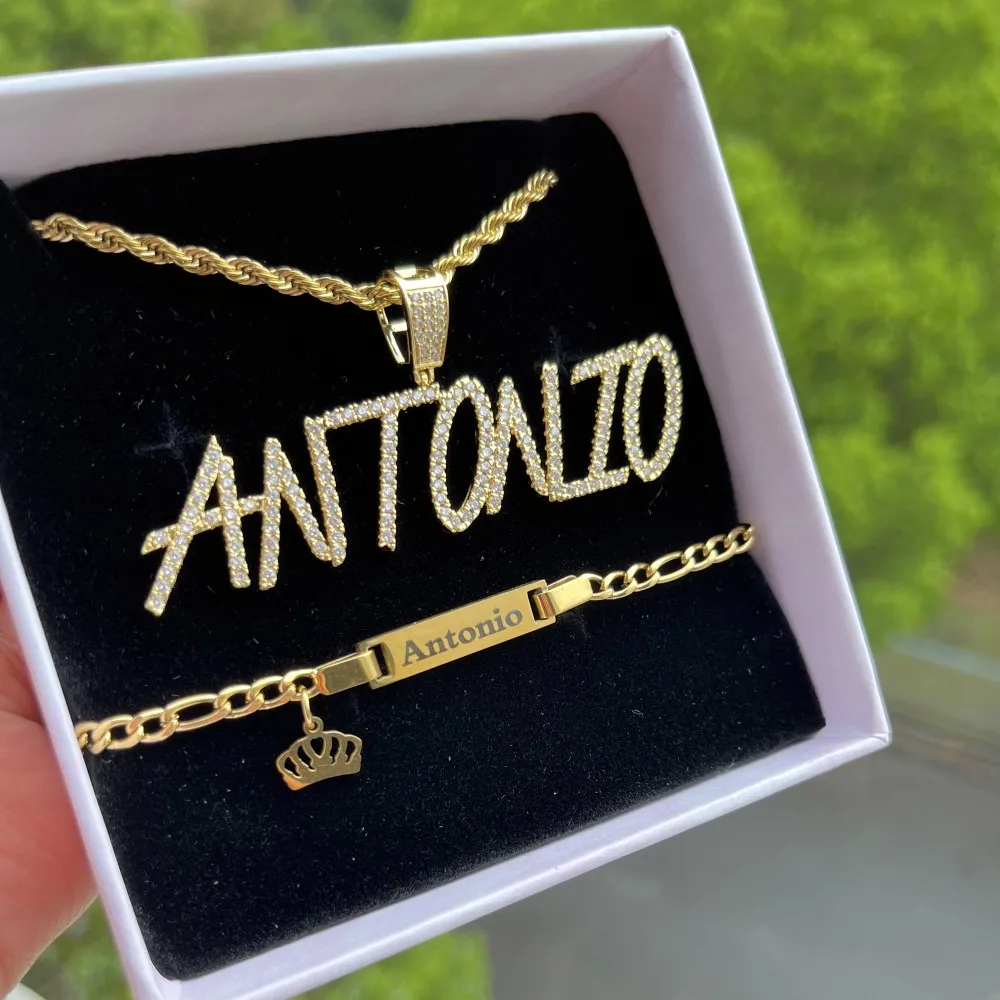 DUOYING  Custom Script Name Set Personalized Capital A-Z Pendant Rope Chain Necklace Baby ID Crown Name Bracelet Boy Jewelry