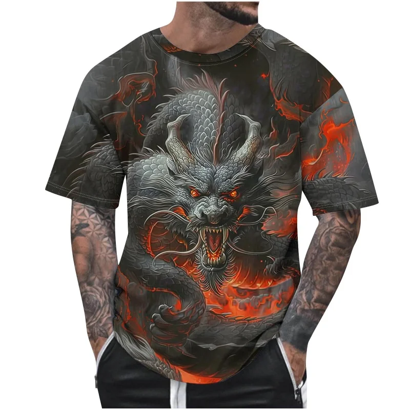 

Vintage Chinese Loong Pattern T Shirt For Men Dragon 3D Print Tees Casual Streetwear Short Sleeve Round Neck Tops Loose T-Shirts