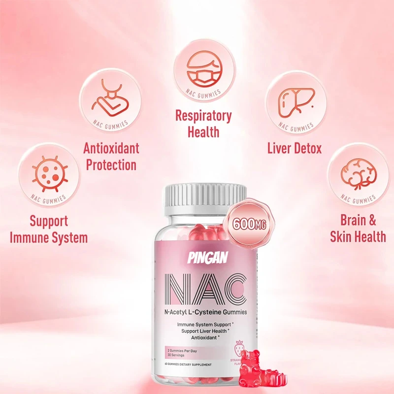 Gomitas NAC de 600 mg, suplementos de acetilcisteina para antioxidantes y apoyo inmunológico, salud de las pulpos y el hígado, sabor natural de fresa