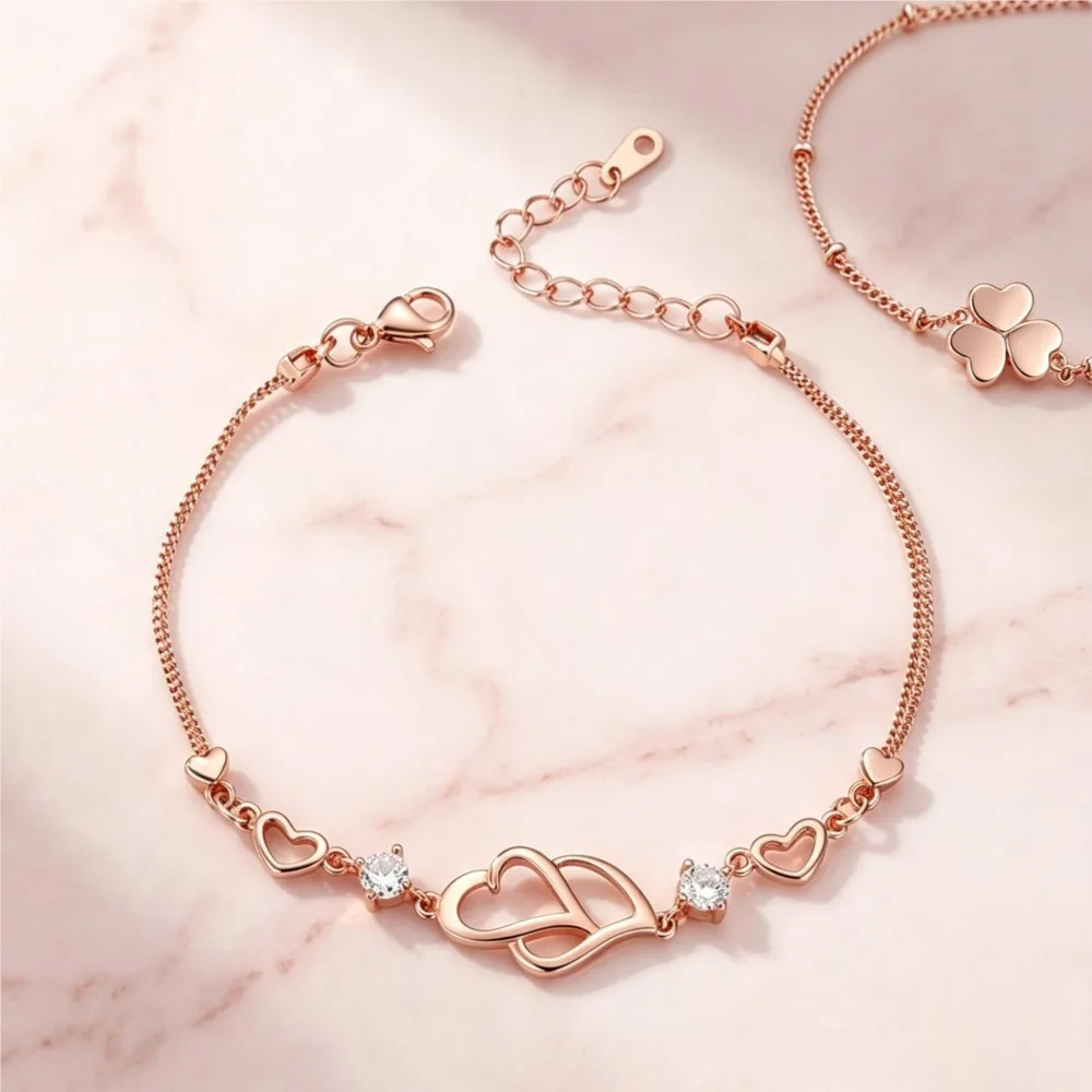 Rose Gold Color Double Heart Bracelets For Women Dainty Cubic Zirconia Hand Chain Fashion Jewelry Birthday Gifts Daily Wearable