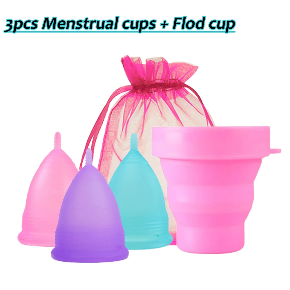 4-Piece Set Women Menstrual Cup Silicone Period Cup Feminine Hygiene Menstrual Collector Reusable Menstrual Bowl+Folding Cup