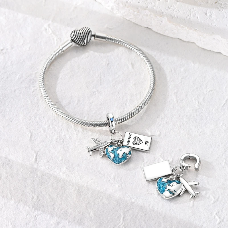 925 Sterling Silver Love Earth Charms Bead CZ Zircon Airplane Passport Dangle Fit Original Bracelet DIY Jewelry Gift