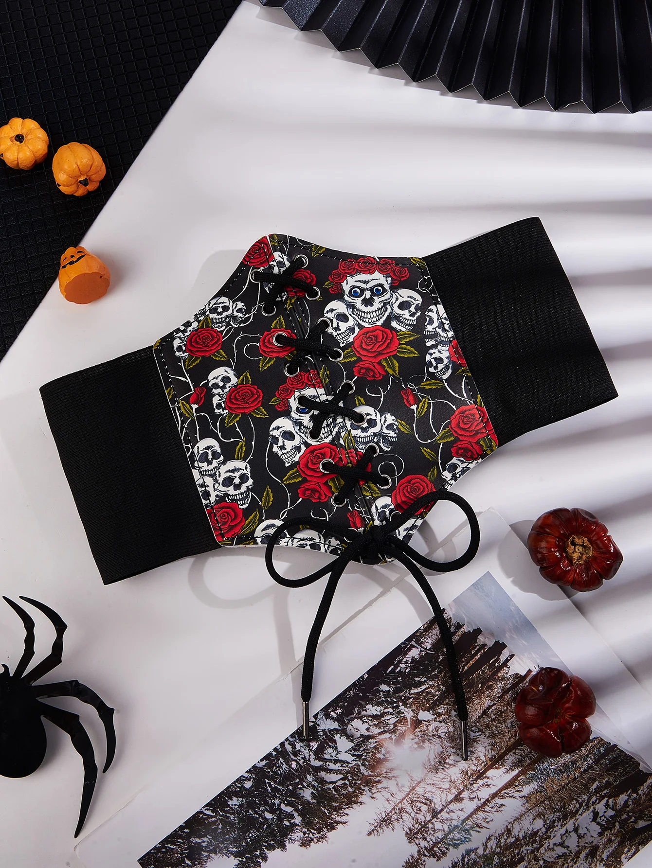 Preto PU Crânio Rosa Cinto para Mulheres Par com Vestidos Saias Jeans Adequado para Festas de Halloween Desgaste Diário