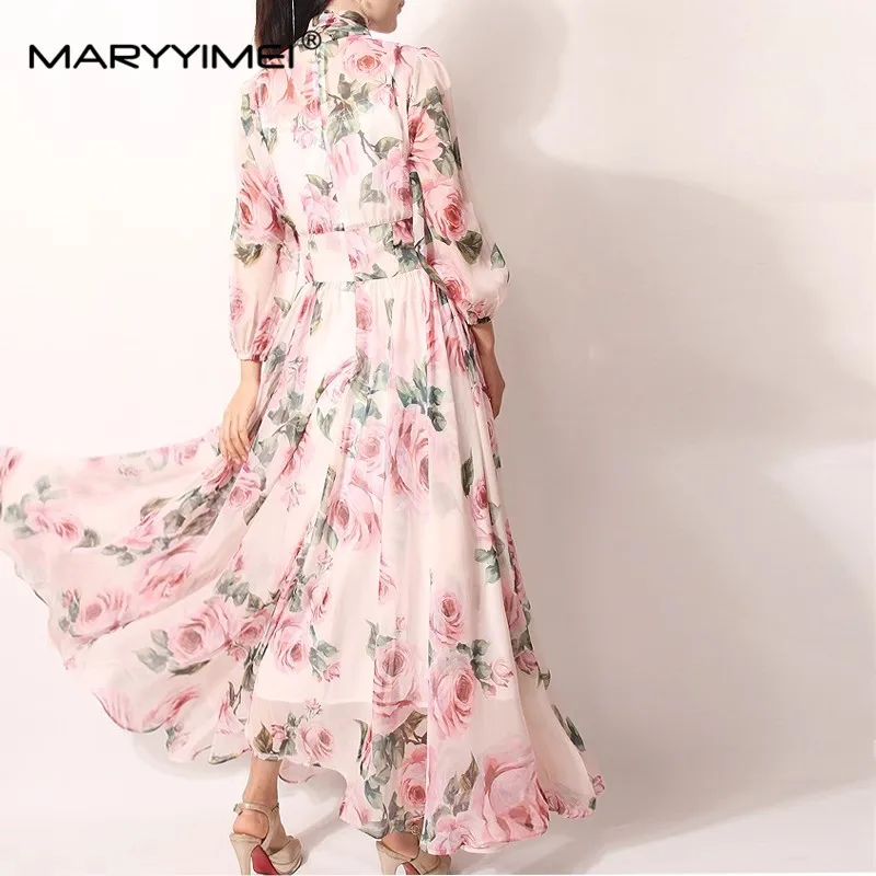 Imagem -03 - Maryyimei Primavera Verão Designer de Moda Vestido Mulheres Vestido Lenço Collar Rose Floral-print Elegante Férias Chiffon Vestidos