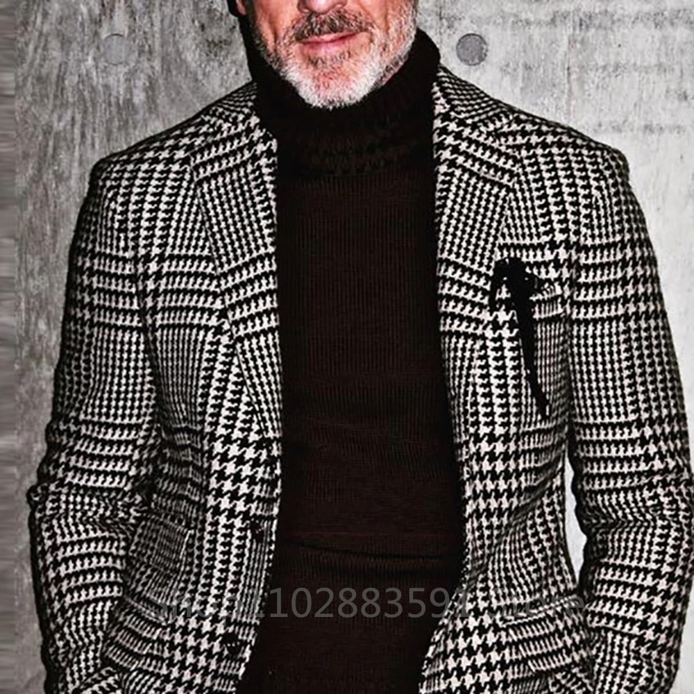 Classic Houndstooth Men Suit Plaid Coat Notch Lapel Single Breasted Jacket Groom Tuxedo Blazer for Business Prom Only Top